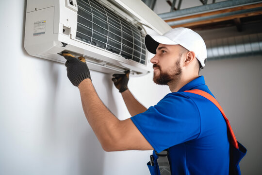 HVAC technician installing a mini split air conditioner in San Lorenzo