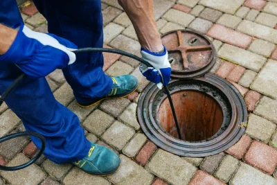 Plumber cleaning an outdoor sewer drain in San Lorenzo