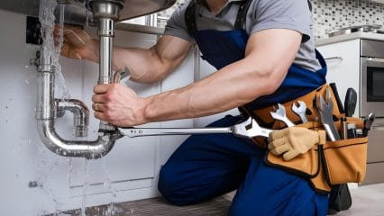 Plumber repairing pipes beneath a sink in San Lorenzo
